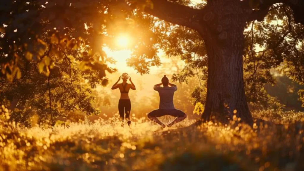 Couple pratiquant des postures de yoga en plein air
