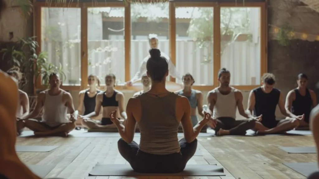 Instructeur de yoga guidant une classe en postures