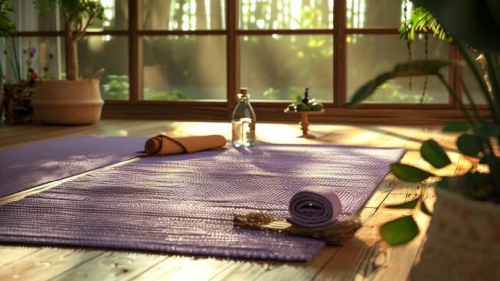 Tapis de yoga et accessoires sur un sol en bois