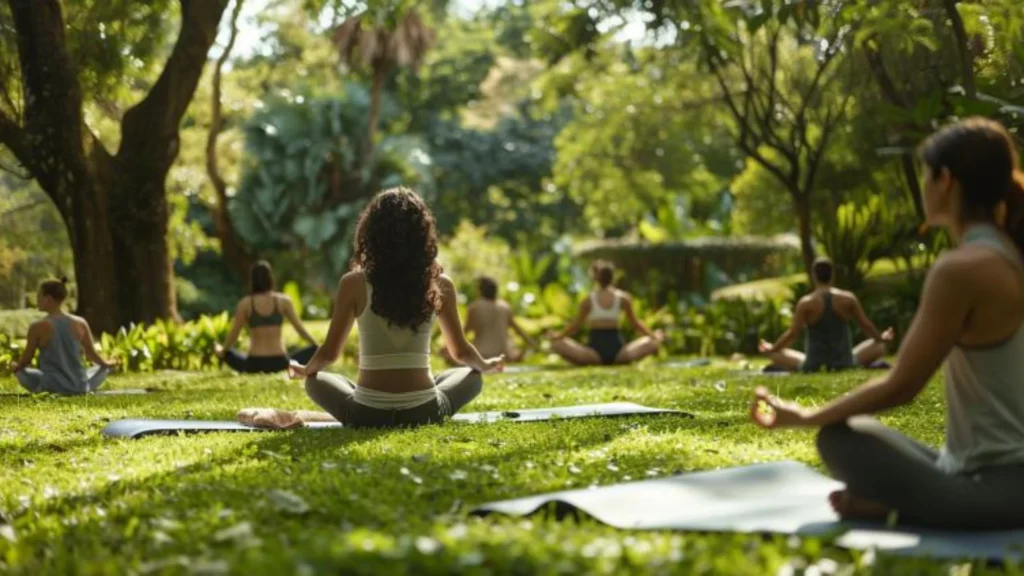 cours de yoga en plein air dans un parc