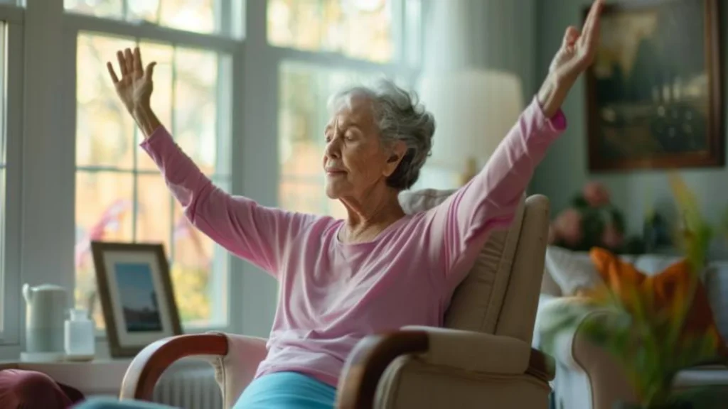 femme âgée pratiquant le yoga sur une chaise, posture modifiée