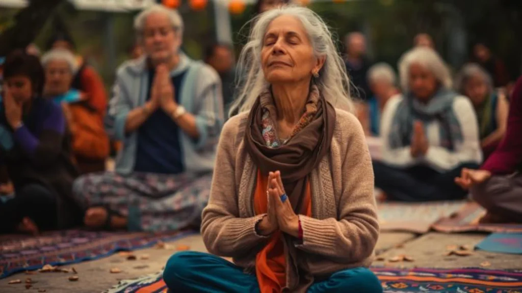 femme pratiquant des exercices de respiration profonde pendant le yoga du rire