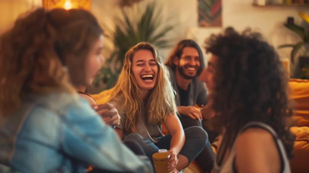 groupe d'amis riant ensemble lors d'une séance de yoga du rire à domicile