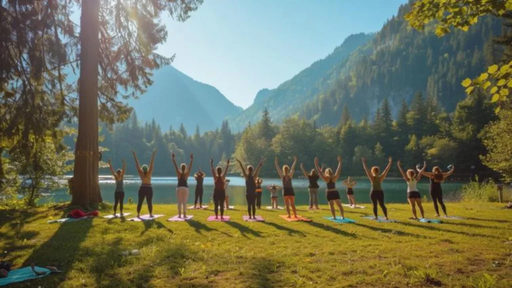 groupe de personnes pratiquant le yoga en plein air, posture de la montagne