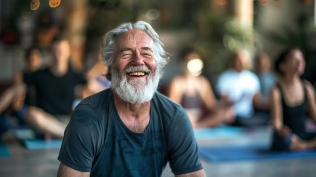 homme âgé riant de bon cœur pendant une séance de yoga du rire