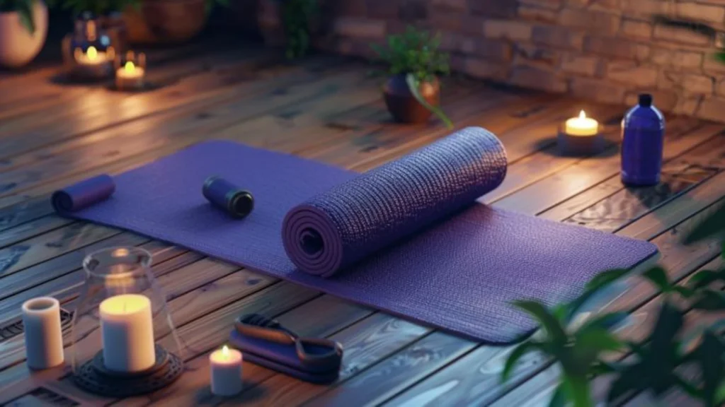 tapis de yoga roulé avec des accessoires