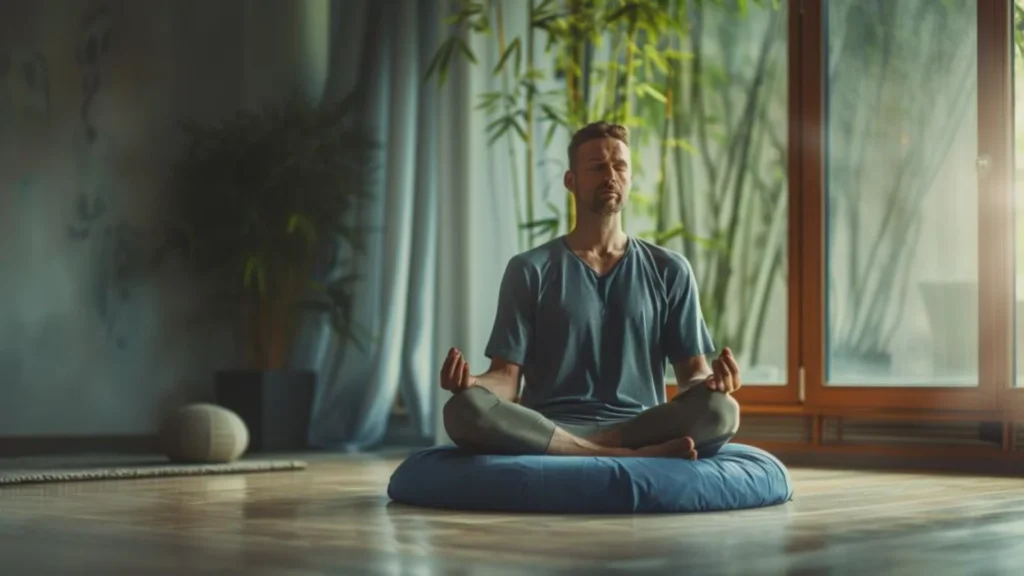 Homme méditant en posture du lotus pour réduire l'anxiété